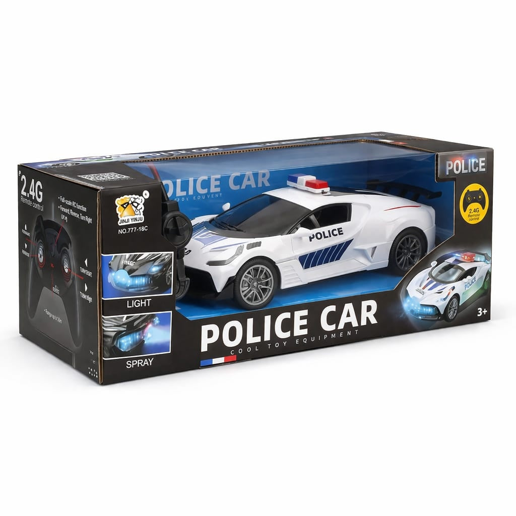 Masina politie cu telecomanda, lumini sunet fum, acumulator, alba