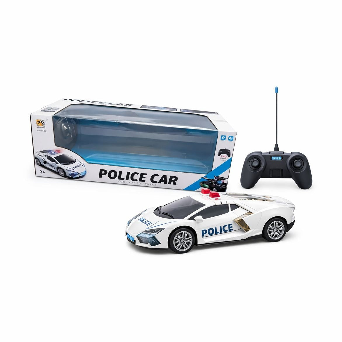 Masina politie RC alba cu usi si capota deschidere, lumini sunet, 2.4GHz, acumulator