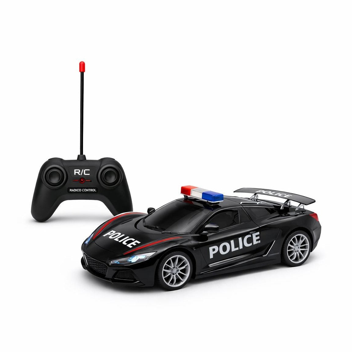 Masina politie RC neagra cu capota spate deschidere, lumini sunet, 2.4GHz, acumulator