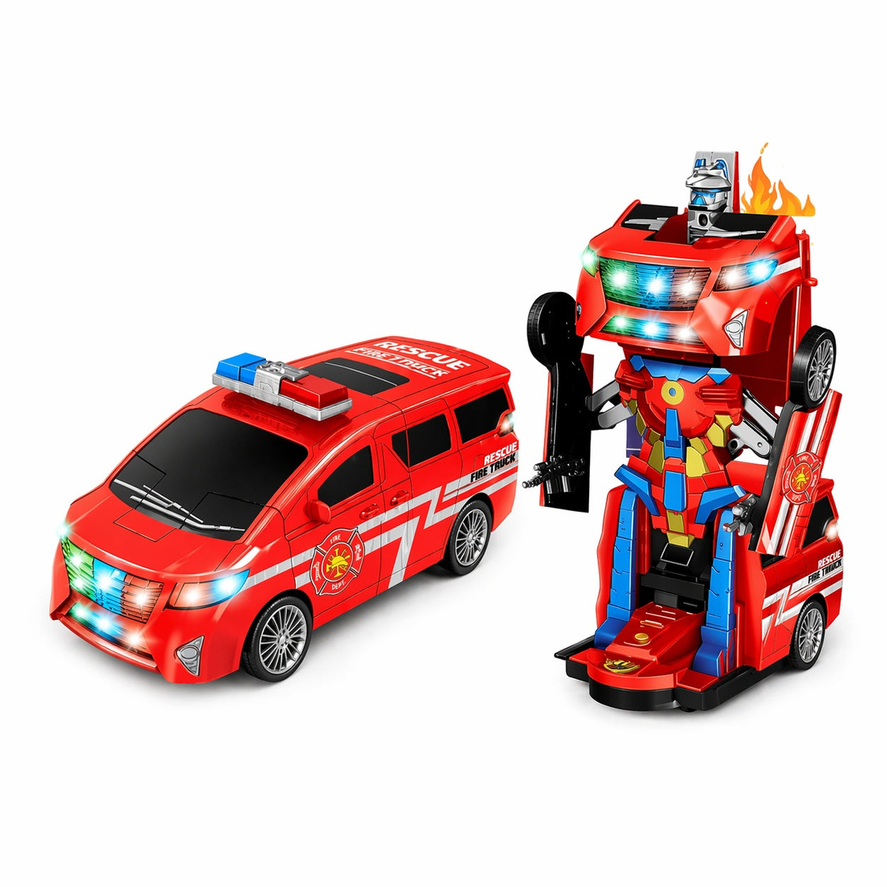 Masina pompieri transformabila 2 in 1 cu robot, lumini si sunete, rosie, 21.5x10.5 cm