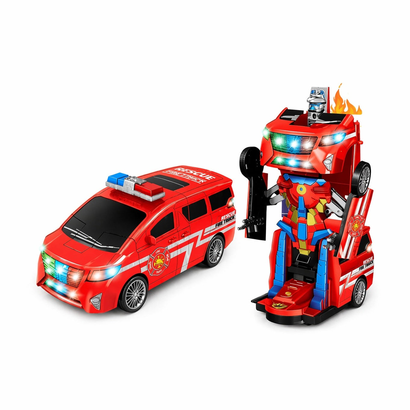 Masina pompieri transformabila 2 in 1 cu robot, lumini si sunete, rosie, 21.5x10.5 cm