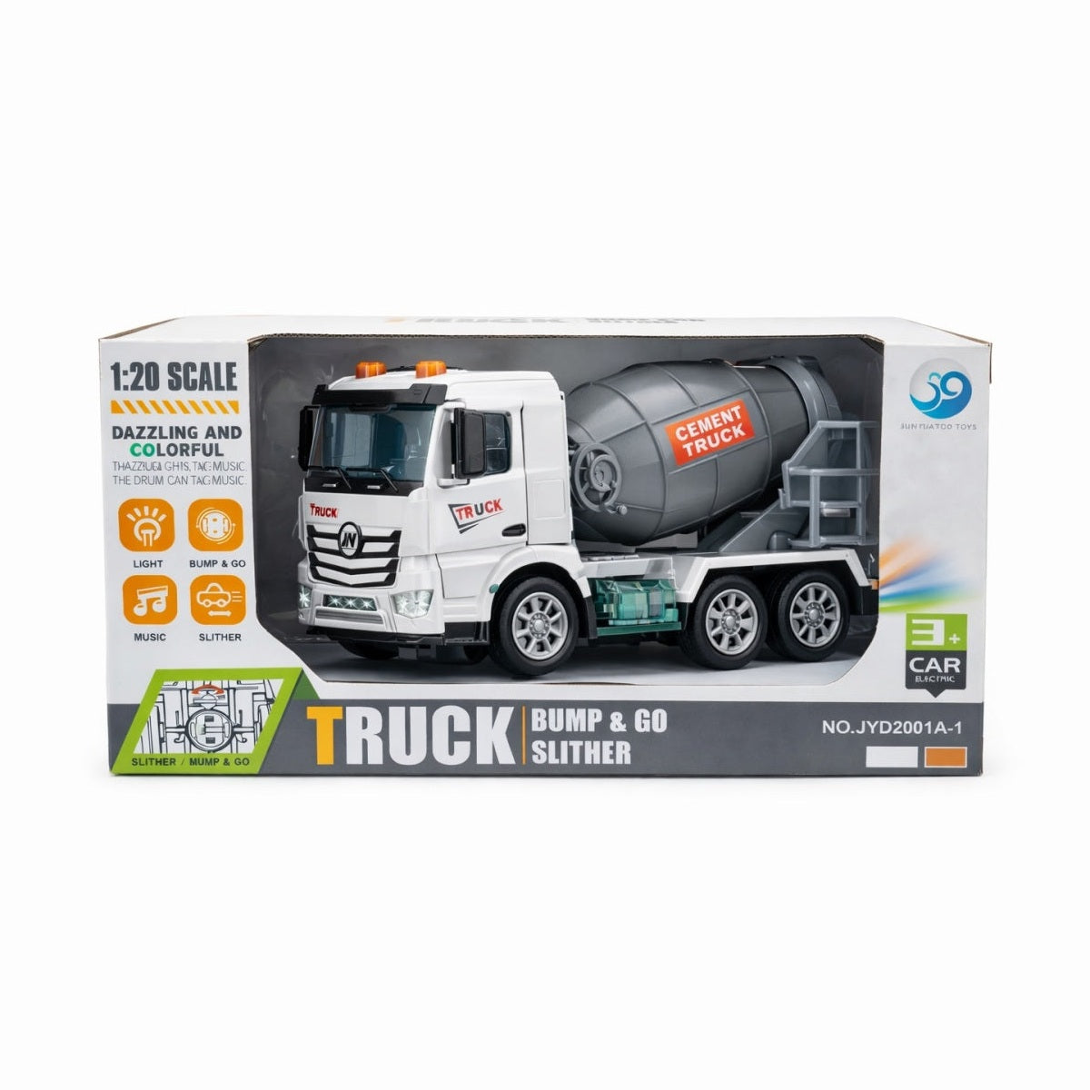 Masinuta betoniera electrica copii 1:20, alb, lumini si sunete, bump & go, 22x12 cm