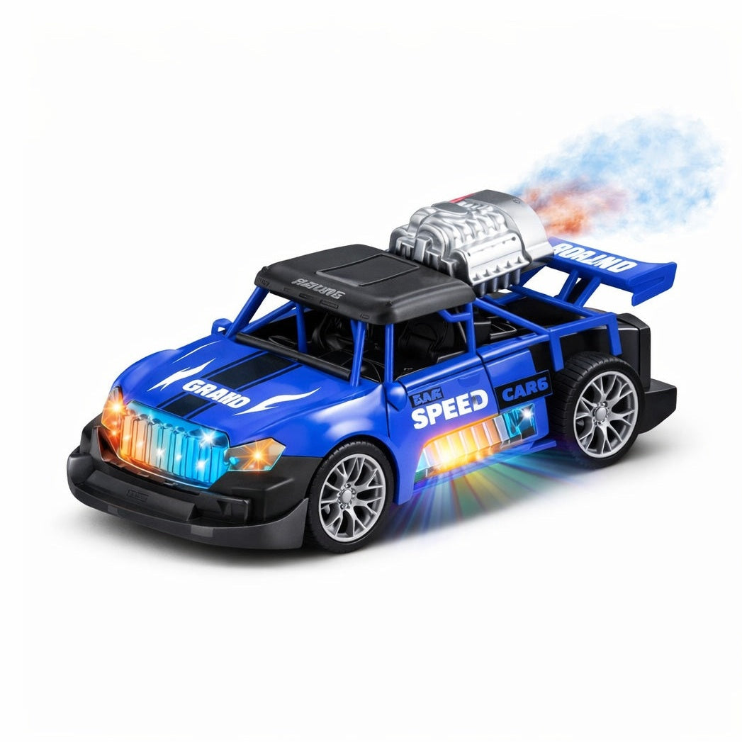 Masinuta electrica racing albastra cu efect fum, lumini si sunete, bump & go, 21x10,5 cm