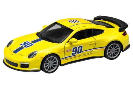 Mașinuță galbenă din metal cu uși deschise, model sport, dimensiuni 14x6.5x5.5 cm