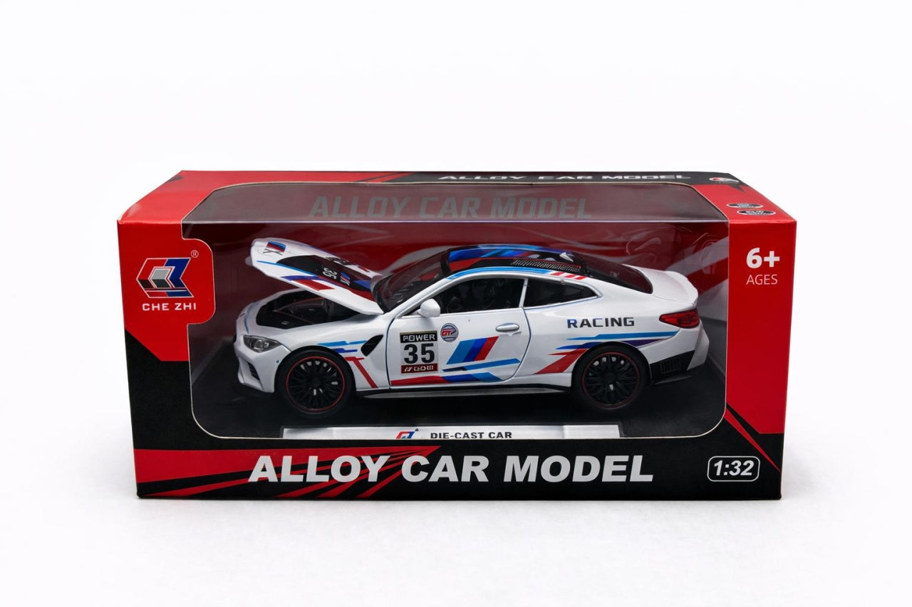 Masinuta metalica alloy die-cast scara 1:32, alba racing, capota si portiere deschise, 6 ani+
