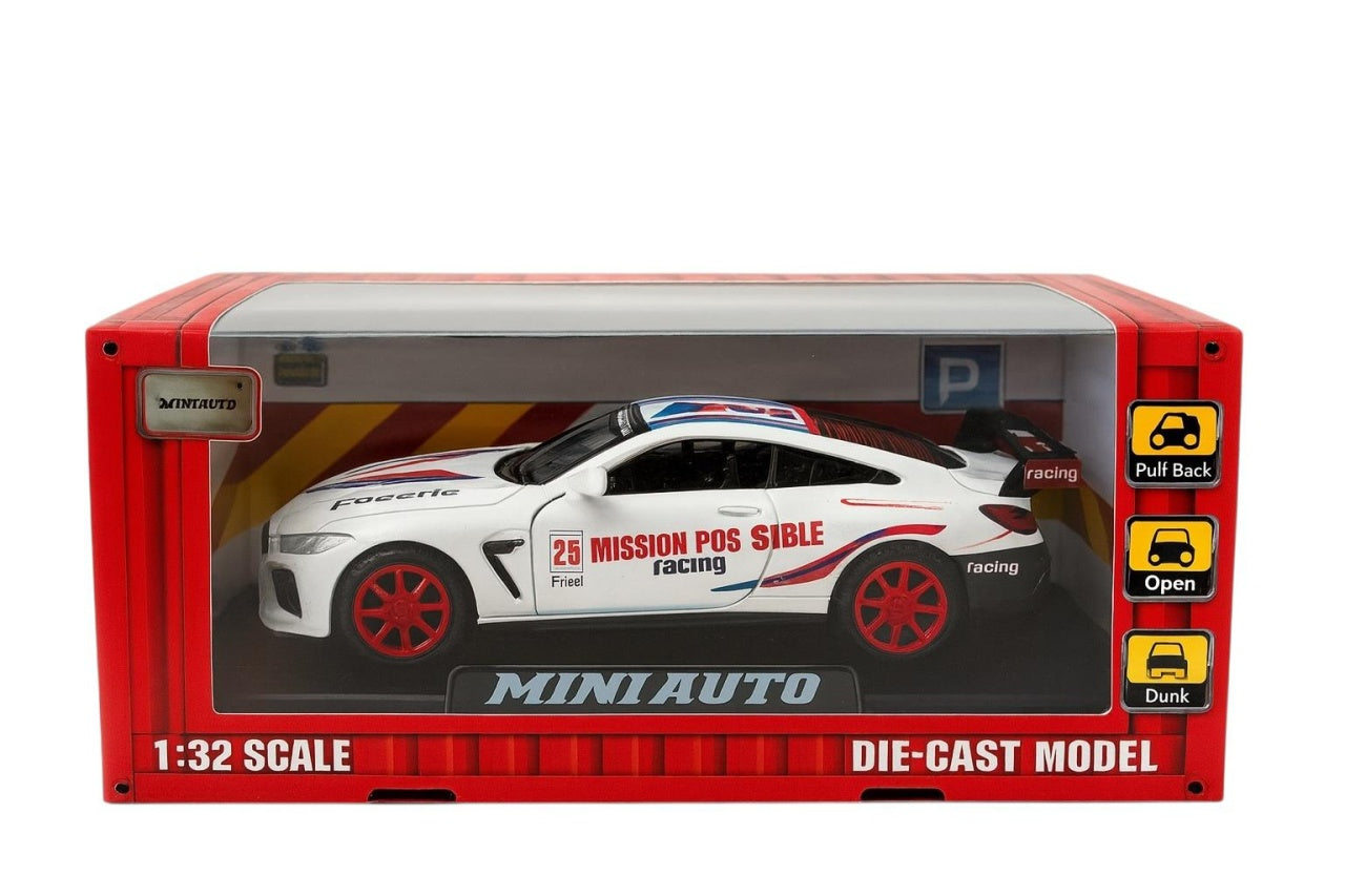 Masinuta Metalica MiniAuto M8 GTE Racing Alba , Scara 1:32 Pull Back Usi Deschise Copii 3+