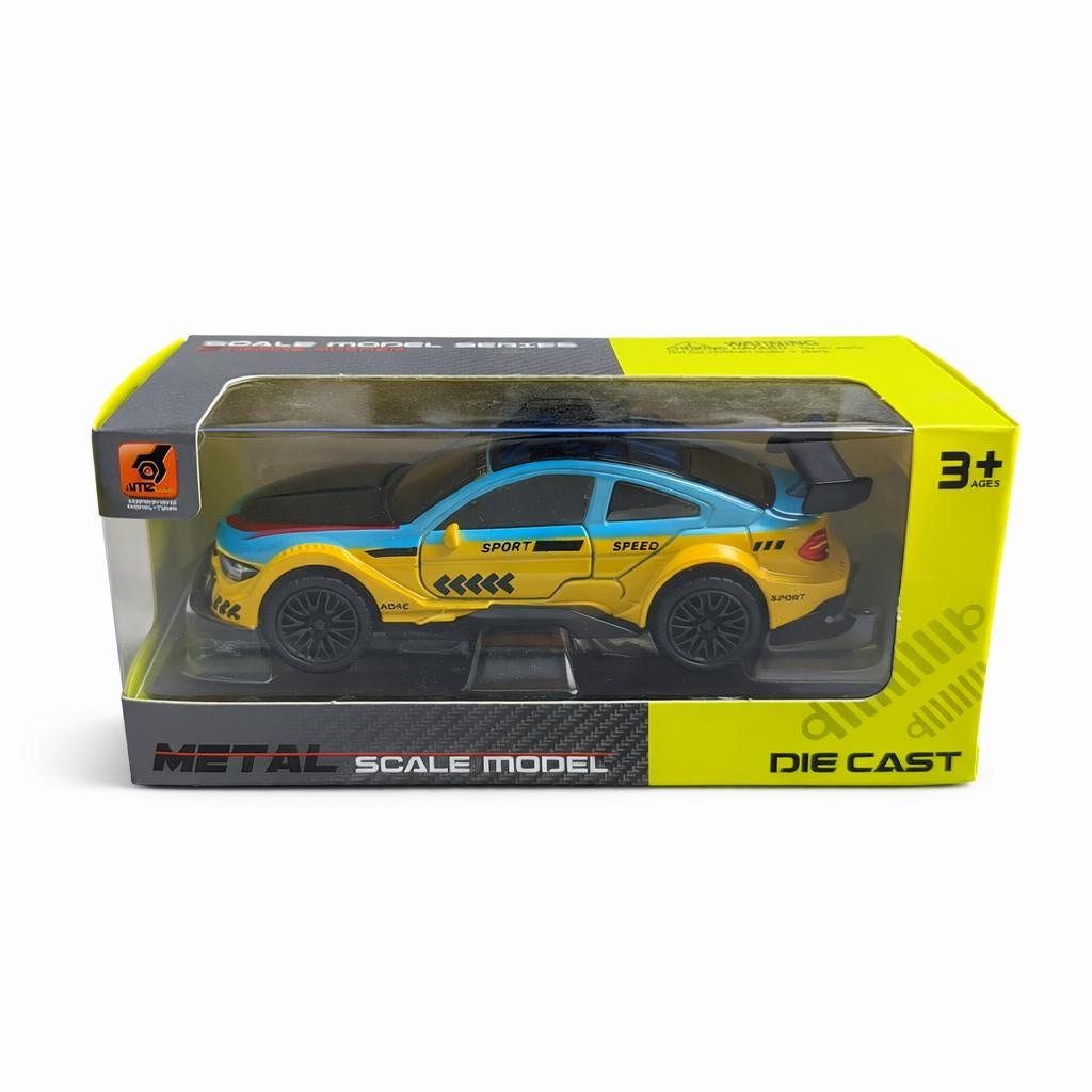 Masinuta metalica sport galben cu albastru tip, die cast, 15.5x7 cm, model racing