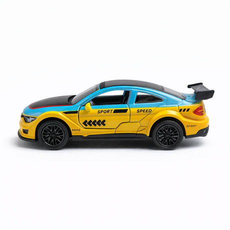 Masinuta metalica sport galben cu albastru tip, die cast, 15.5x7 cm, model racing