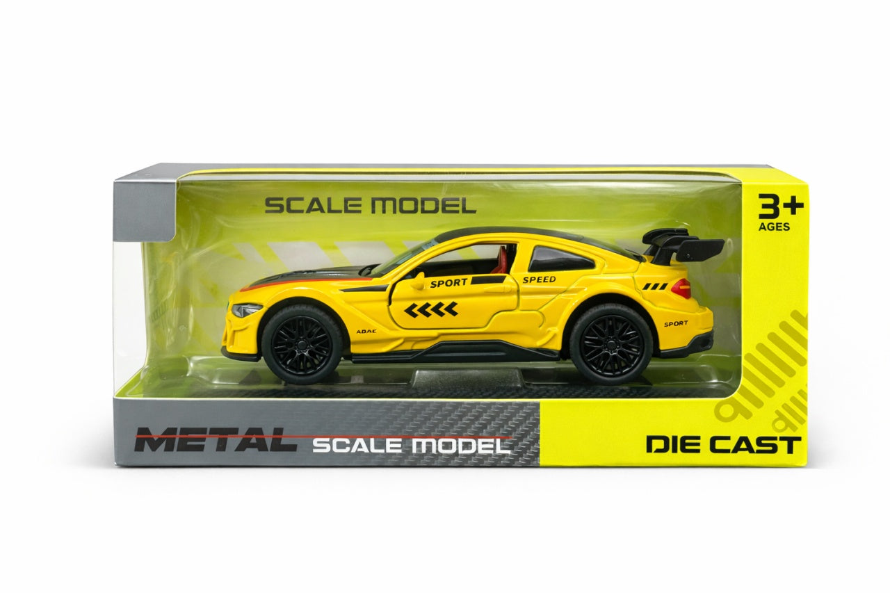 Masinuta metalica sport galbena, die cast, 15.5x7 cm, design racing