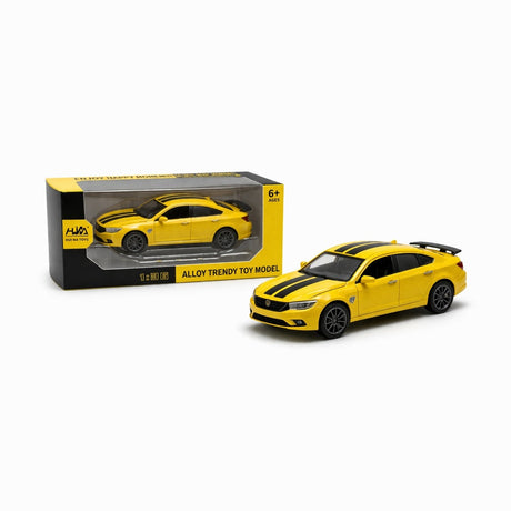 Masinuta metalica sport tip sedan, scara 1:36, culoare galben, cu spoiler si detalii realiste