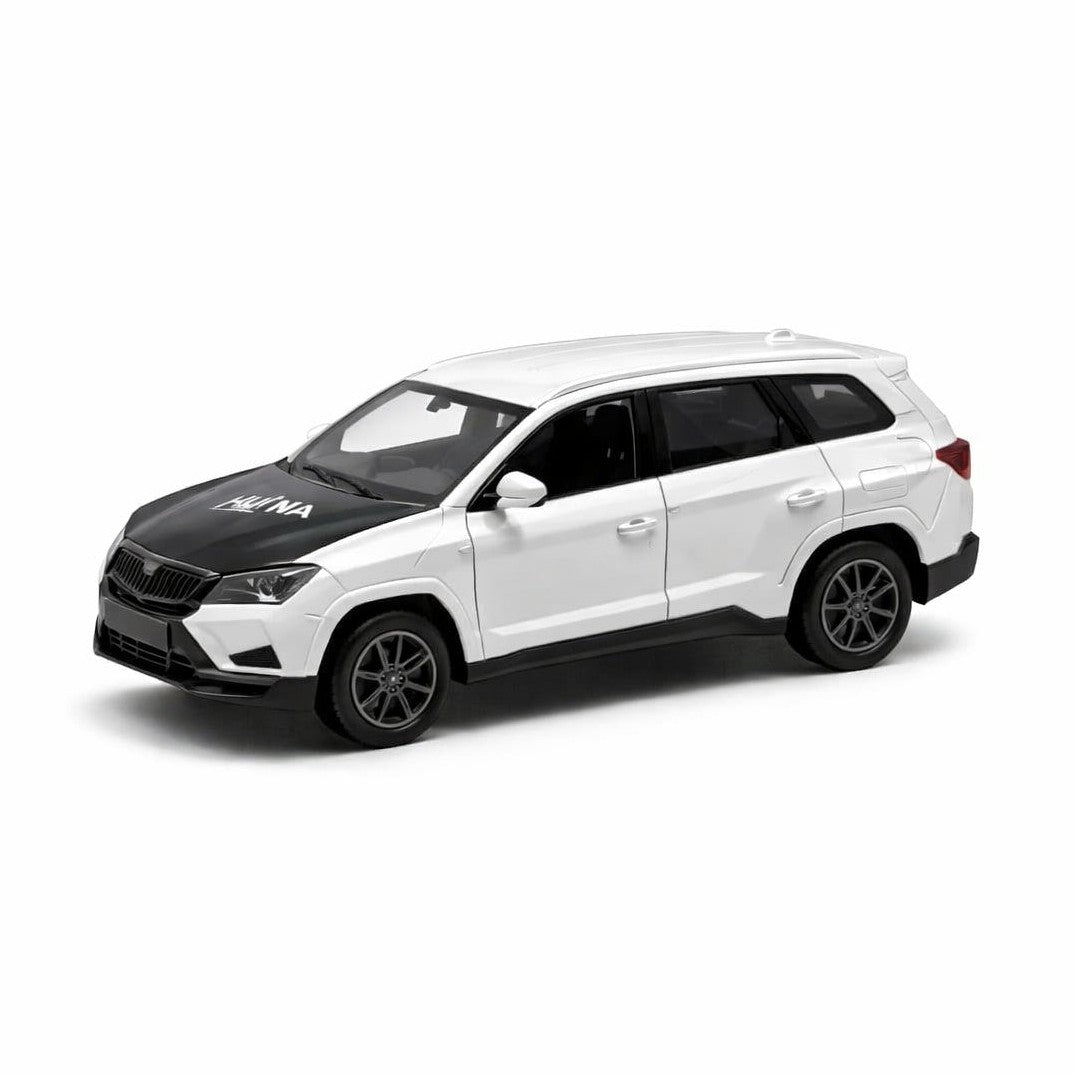 Masinuta metalica SUV alb cu detalii negre, usi deschise, model modern 15 cm