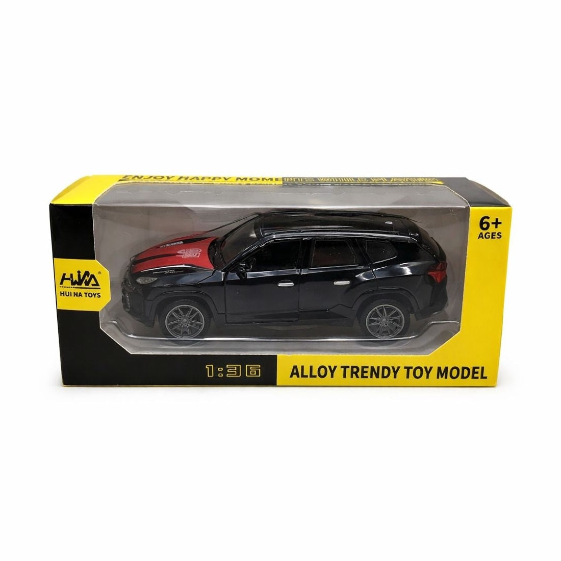 Masinuta metalica SUV negru cu detalii rosii, usi deschise, model modern 15 cm