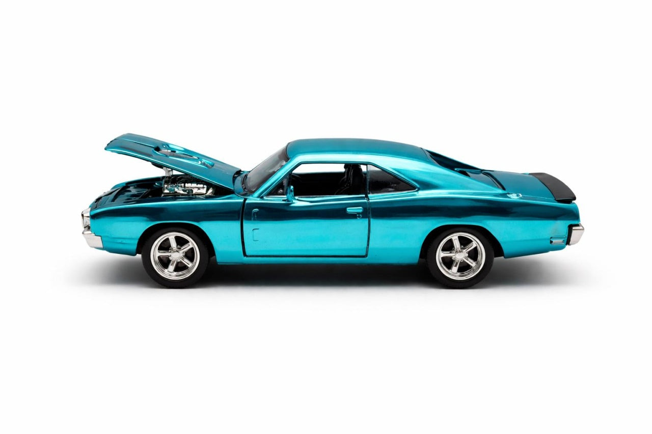 Masinuta muscle car aliaj metalic scara 1:32, albastru metalizat, capota deschisa