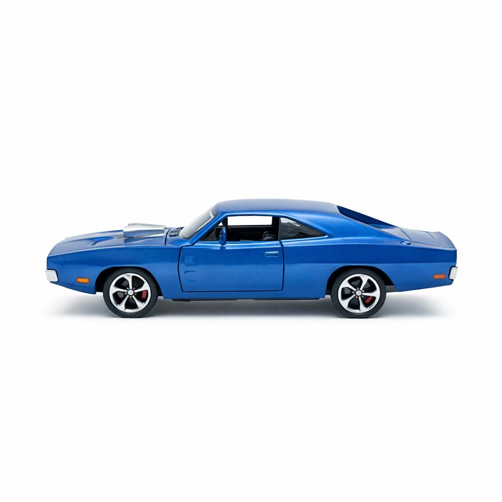 Masinuta muscle car aliaj metalic scara 1:32, albastru metalizat cu capota sport, roti sport