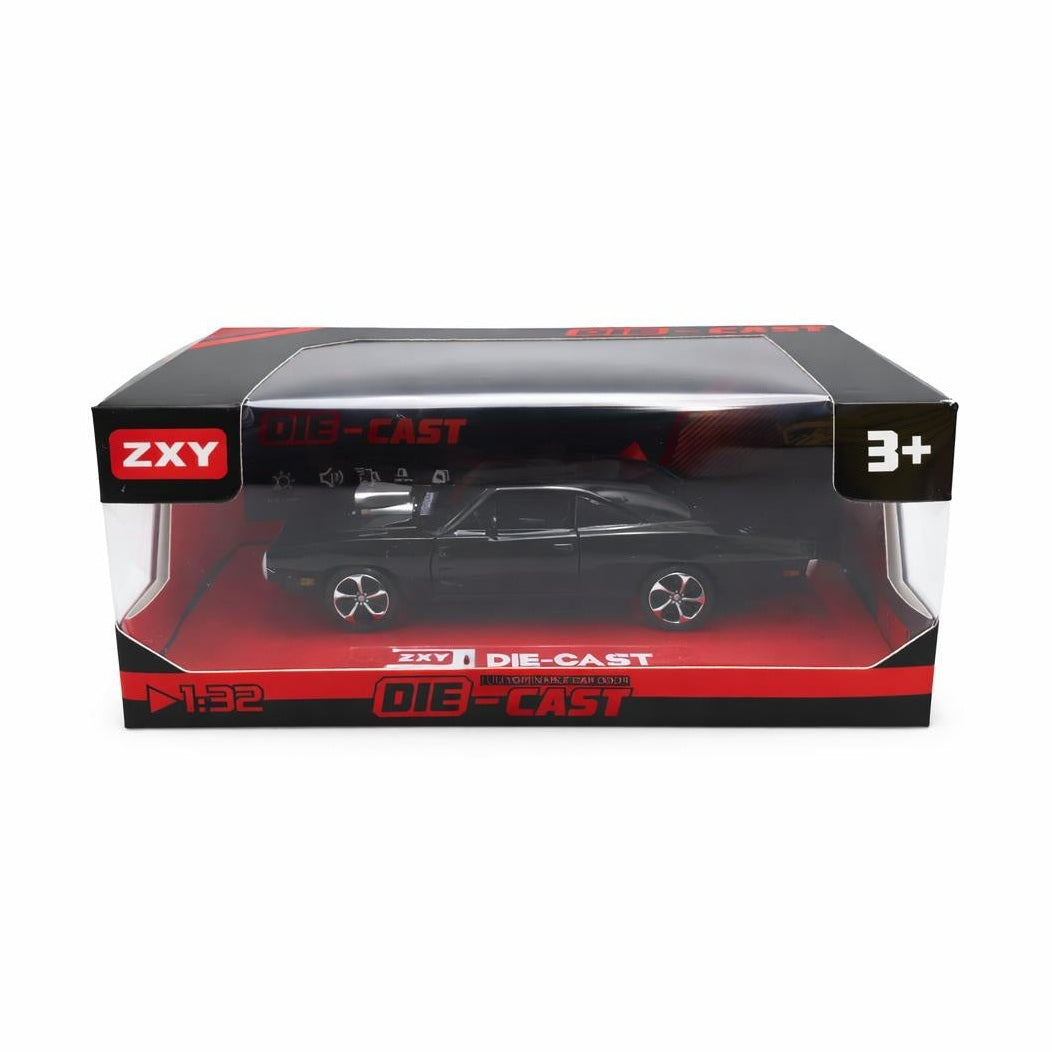 Masinuta muscle car aliaj metalic scara 1:32, negru mat cu capota sport, roti sport