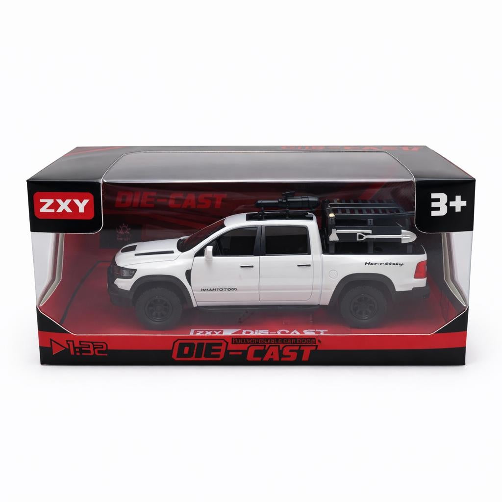 Masinuta pickup off-road metalica die-cast scara 1:32, alba, portbagaj bena, portiere functionale, 3+