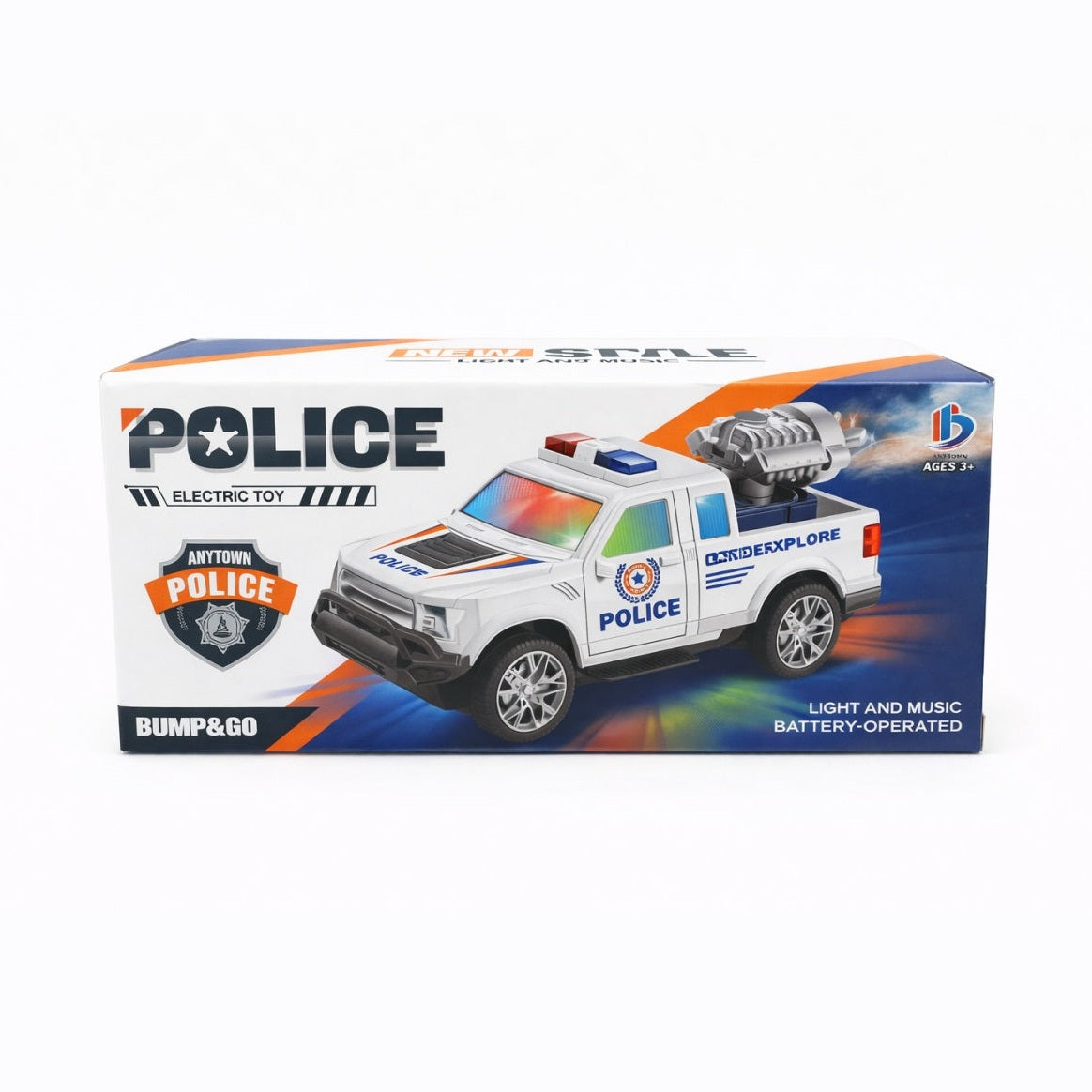 Masinuta politie electrica cu lumini si muzica, functie bump and go, model SUV cu lansator, 20,5x10,5 cm