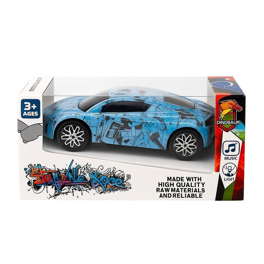 Masinuta sport albastra cu dinozauri, muzica si lumini pentru copii 3+