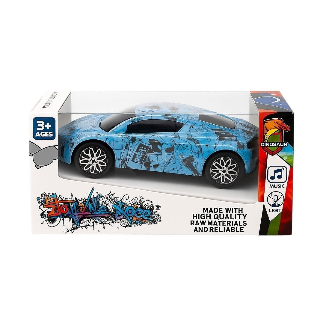 Masinuta sport albastra cu dinozauri, muzica si lumini pentru copii 3+