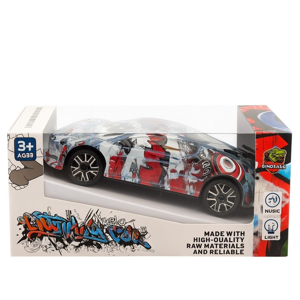 Masinuta sport graffiti rosu-albastru cu dinozauri, muzica si lumini 3+