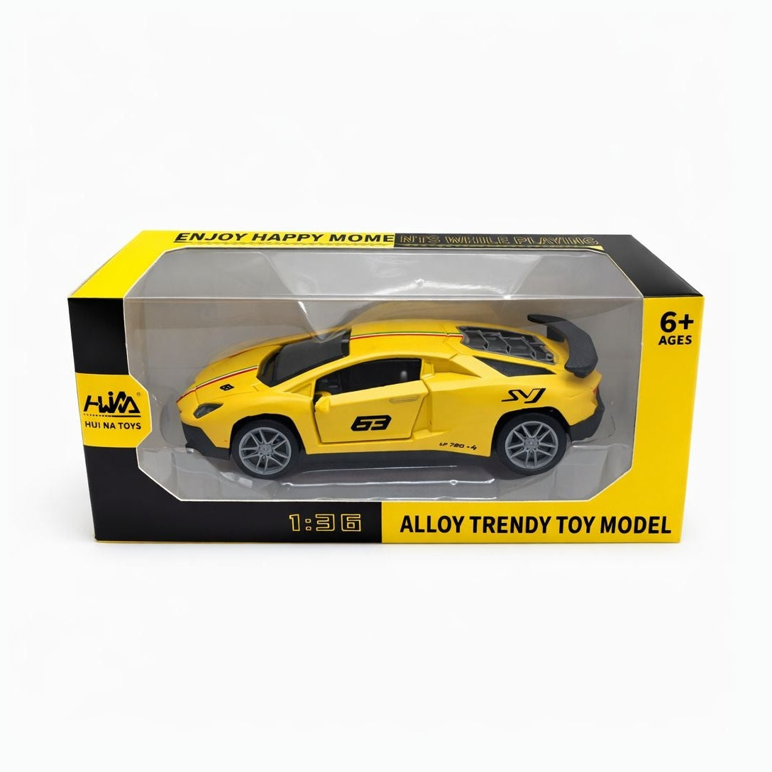 Masinuta sport metalica 1:36, design racing, deschidere usi, galben, 15 cm