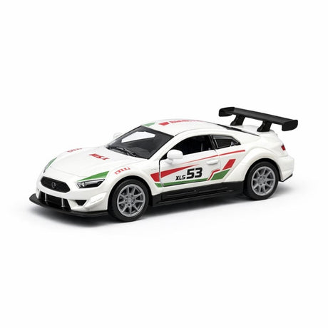 Mașinuță sport metalică albă cu uși deschise, 14x5,5x6,5 cm, ideală pentru colecționari și copii