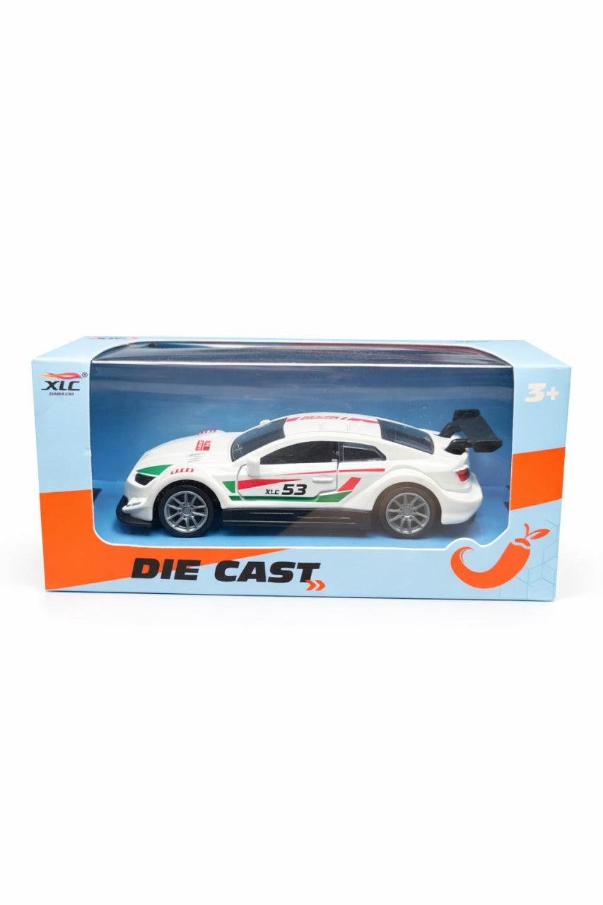 Mașinuță sport metalică albă cu uși deschise, 14x5,5x6,5 cm, ideală pentru colecționari și copii