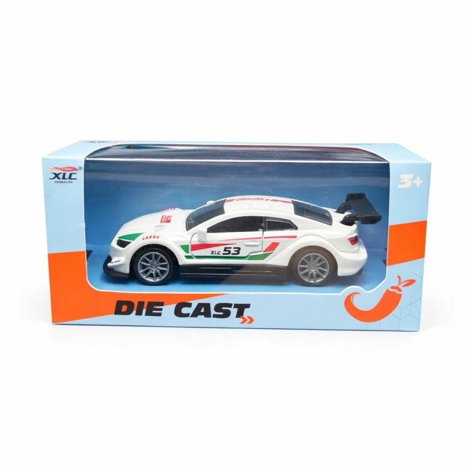 Mașinuță sport metalică albă cu uși deschise, 14x5,5x6,5 cm, ideală pentru colecționari și copii
