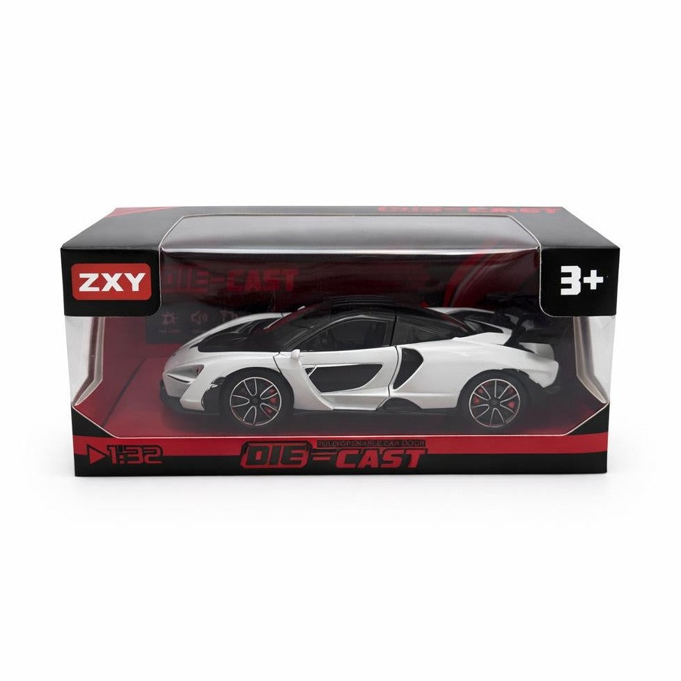 Masinuta sport metalica die-cast scara 1:32, alb-negru, spoiler mare, portiere functionale, 3 ani+