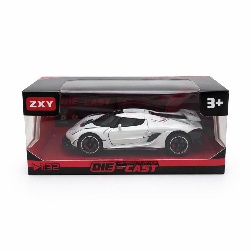 Masinuta sport metalica die-cast scara 1:32, alba cu accente rosii, spoiler, portiere functionale, 3+