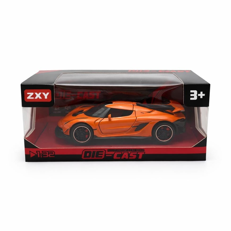 Masinuta sport metalica die-cast scara 1:32, portocalie, portiere functionale, 3 ani+