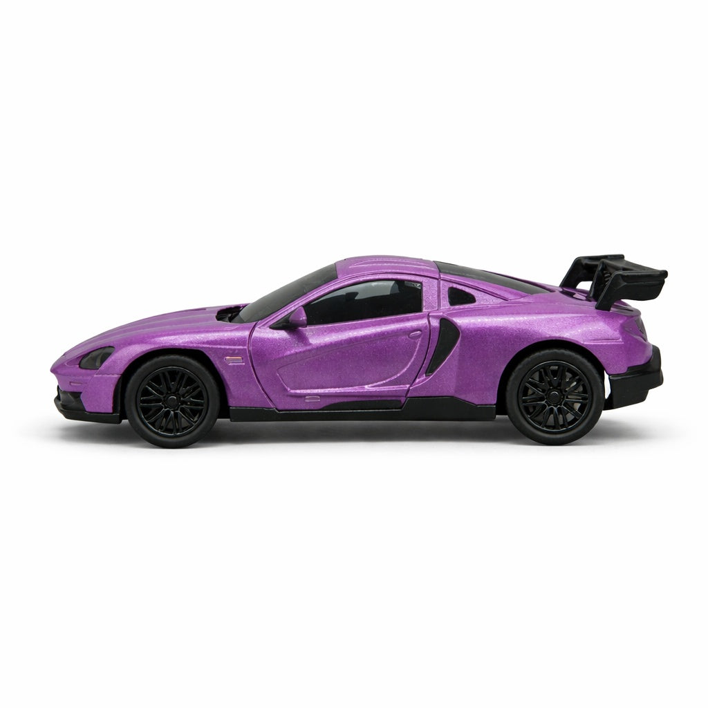 Masinuta sport mov metalizat 15,5x7 cm model realist cu usi functionale si eleron