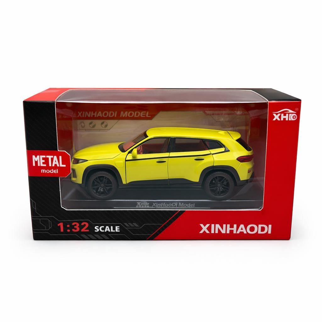 Masinuta SUV aliaj metalic scara 1:32, galbena cu elemente negre, 4 usi