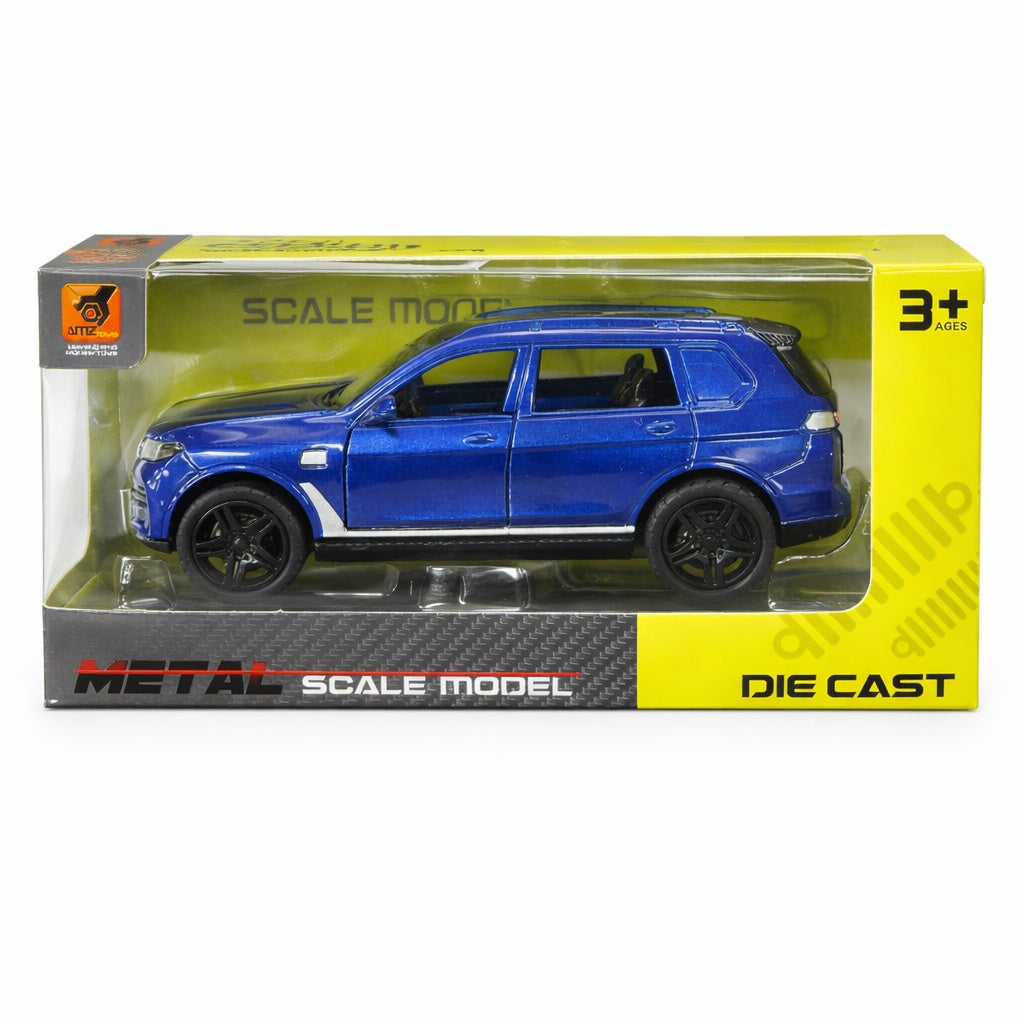 Masinuta SUV metalica albastra, model scara, usi functionale, 15.5x7 cm