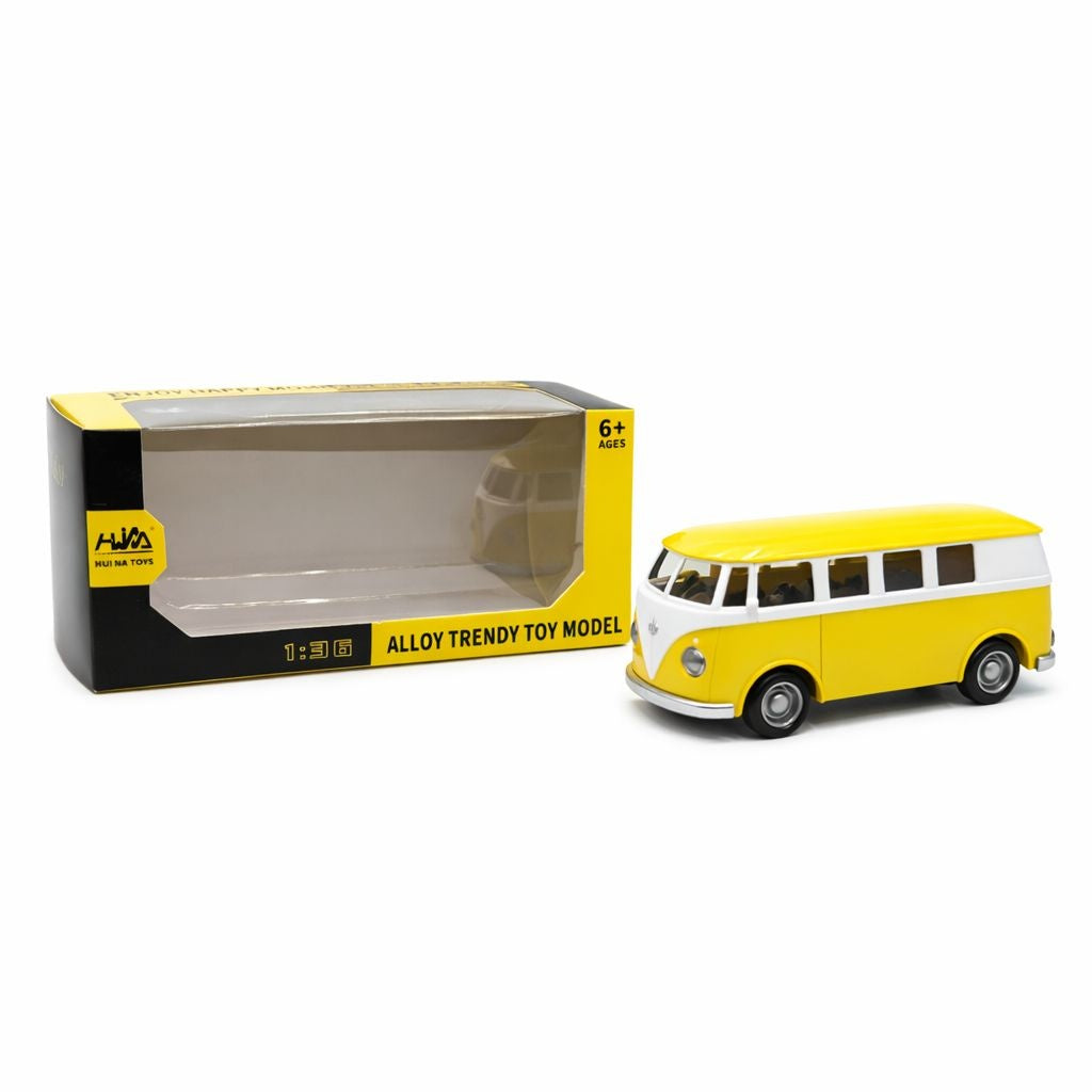 Masinuta tip van retro metalica galben cu alb, model clasic 15 cm