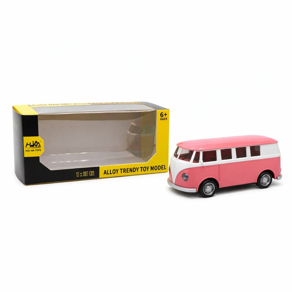 Masinuta tip van retro metalica roz cu alb, model clasic 15 cm