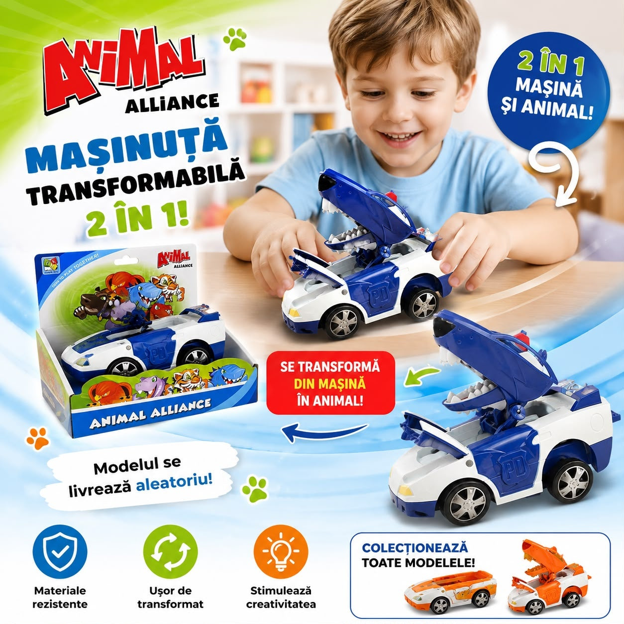Mașinuță Transformabilă 2 în 1 Animal Alliance – Se Transformă în Animal, Model Aleatoriu
