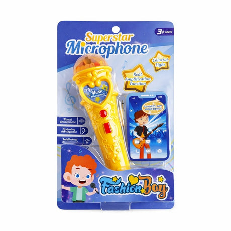 Microfon karaoke copii cu lumini, conexiune telefon, reincarcabil, galben 29x18 cm