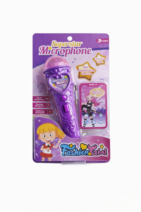 Microfon karaoke copii cu lumini, conexiune telefon, reincarcabil, mov 29x18 cm