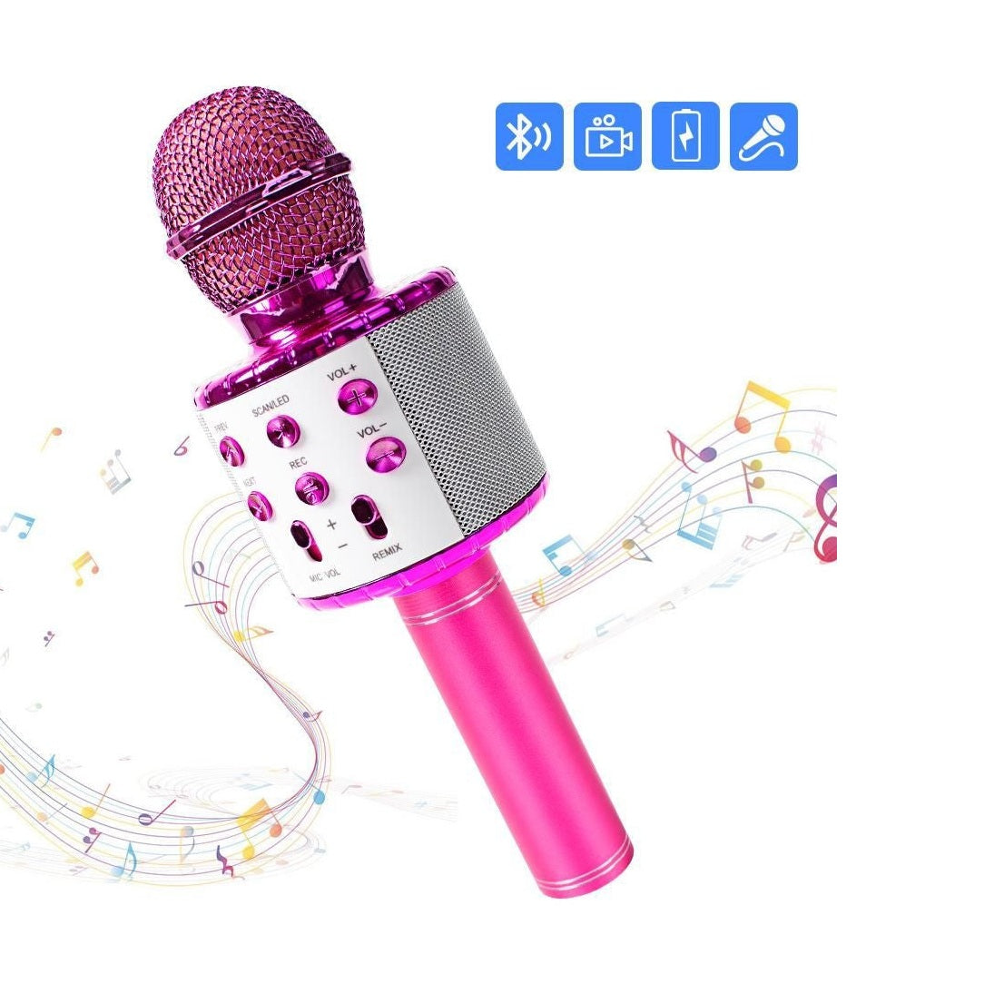 Microfon karaoke wireless Bluetooth cu difuzor, voice changer, USB si TF Card, roz intens