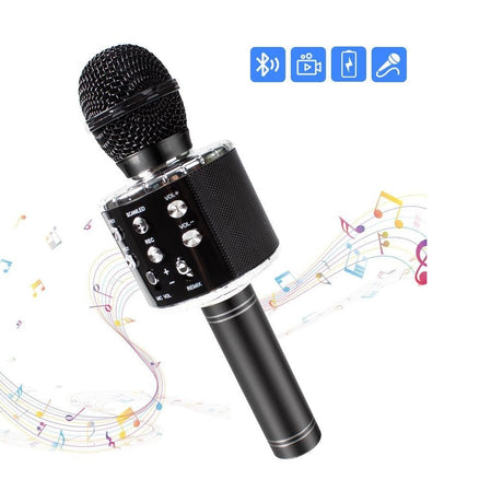 Microfon karaoke wireless Bluetooth cu difuzor, voice changer, USB si TF Card, negru