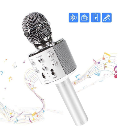 Microfon karaoke wireless Bluetooth cu difuzor, voice changer, USB si TF Card, argintiu