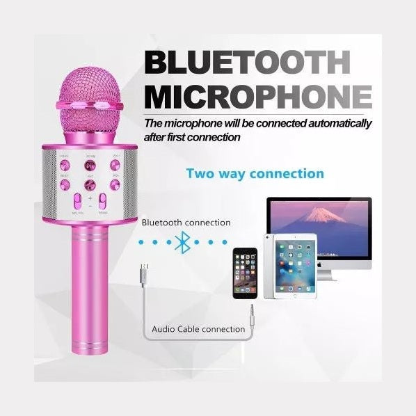 Microfon karaoke wireless Bluetooth cu difuzor, voice changer, USB si TF Card, argintiu