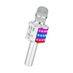 Microfon karaoke wireless cu boxa Bluetooth, efecte vocale si lumini LED, argintiu