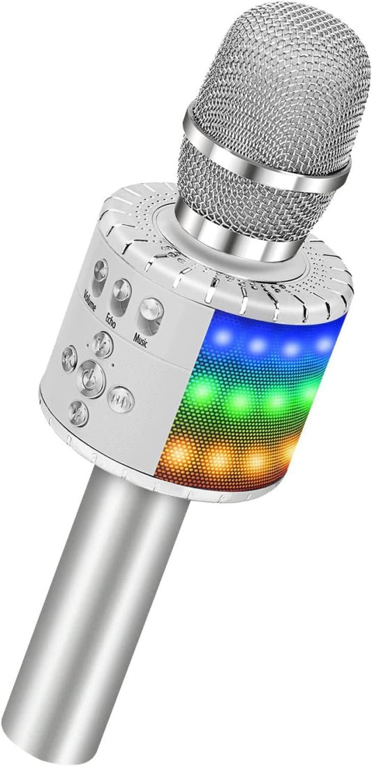 Microfon karaoke wireless cu boxa Bluetooth, efecte vocale si lumini LED, argintiu