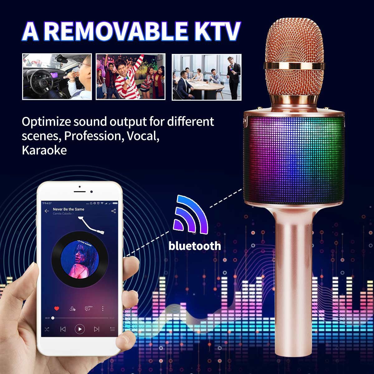 Microfon karaoke wireless cu boxa Bluetooth, lumini LED si efecte vocale, albastru