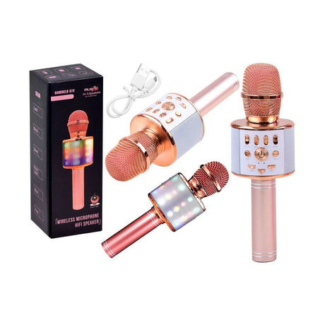 Microfon karaoke wireless cu boxa Bluetooth, lumini LED si efecte vocale, rose gold