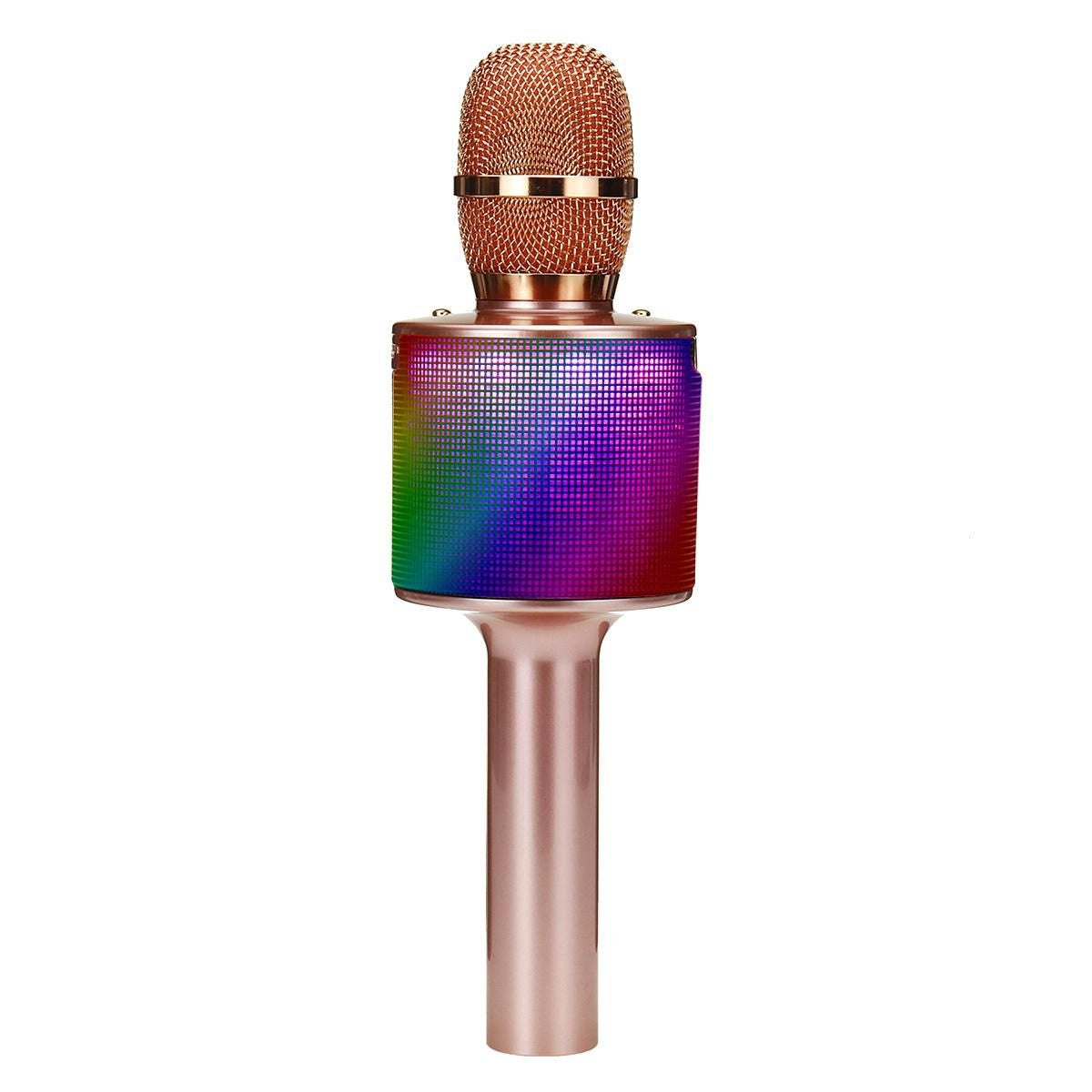 Microfon karaoke wireless cu boxa Bluetooth, lumini LED si efecte vocale, rose gold