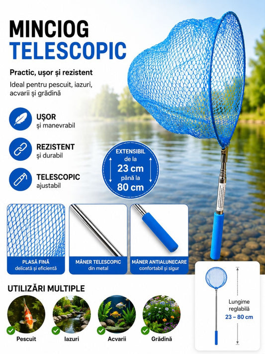 Minciog Telescopic Extensibil Albastru 23–80 cm pentru Pescuit, Acvarii și Iazuri – Ușor și Rezistent