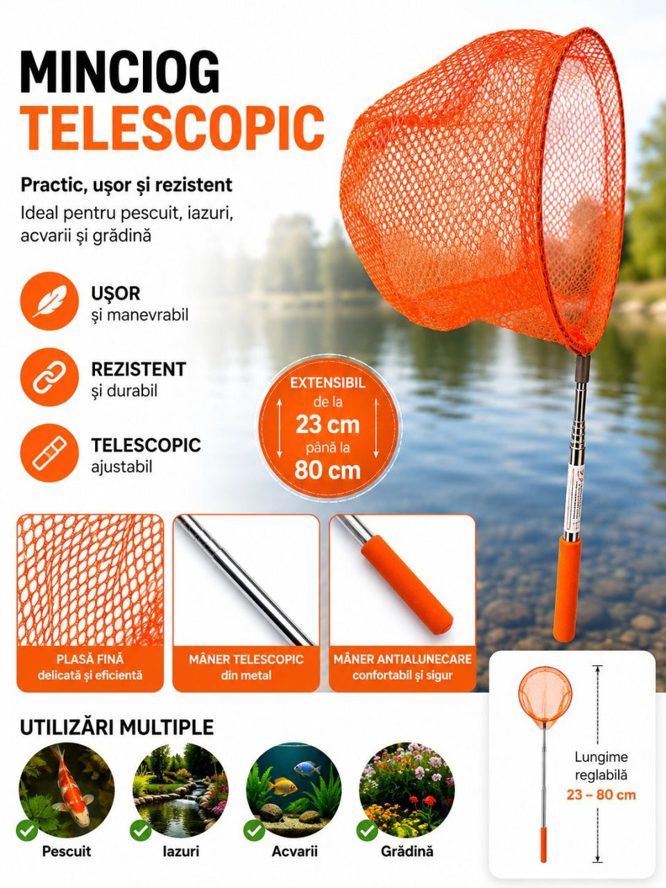 Minciog Telescopic Extensibil Portocaliu 23–80 cm pentru Pescuit și Acvarii – Ușor, Rezistent și Reglabil